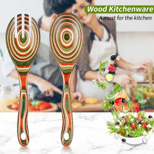 Vista 8 de Pinzas de ensalada, cucharas de madera, pinzas para servir, juego de utensilios de cocina de cocina de 10 pulgadas de madera de Pakka