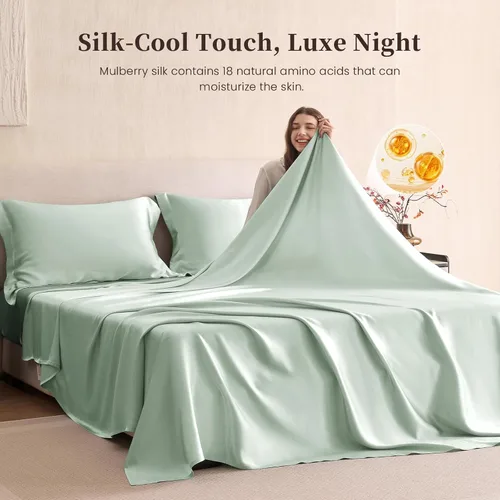 Vista 37 de THXSILK Juego de sábanas de seda de 4 piezas, sábanas de seda de morera 100% natural de grado superior 6A+, juegos de ropa de cama de lujo, ultra