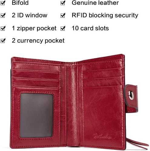 Vista 5 de BOSTANTEN - Billetera de cuero para mujer con bloqueo RFID, pequeña, con cremallera, de bolsillo, para tarjetas, con ventana para documento