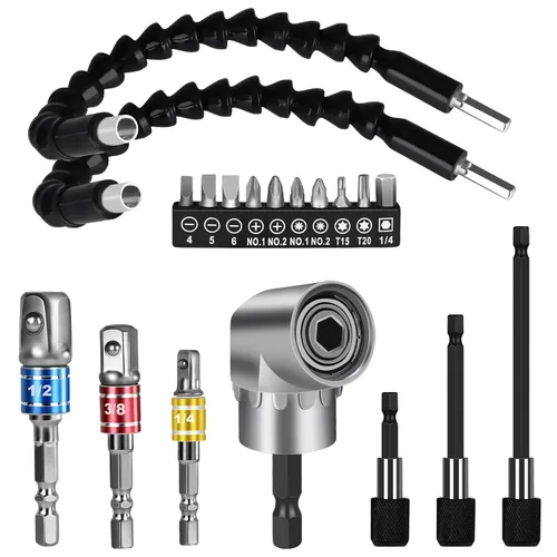 Juego de extensión de broca flexible de 19 piezas, vástago hexagonal de 105 ° de ángulo recto, 3 piezas de adaptador universal de enchufe de 1/4 3/8