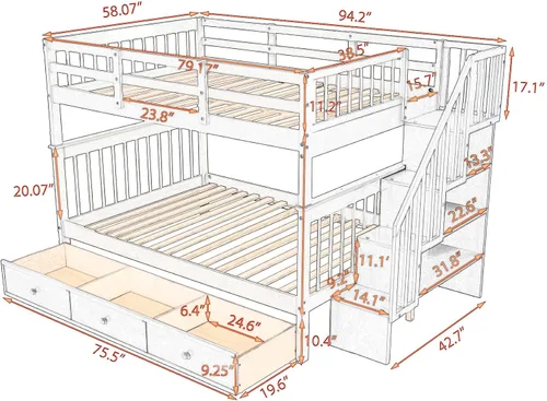 Vista 2 de Harper & Bright Designs Litera de tamaño matrimonial sobre matrimonial con 3 cajones, litera de madera maciza con almacenamiento y riel