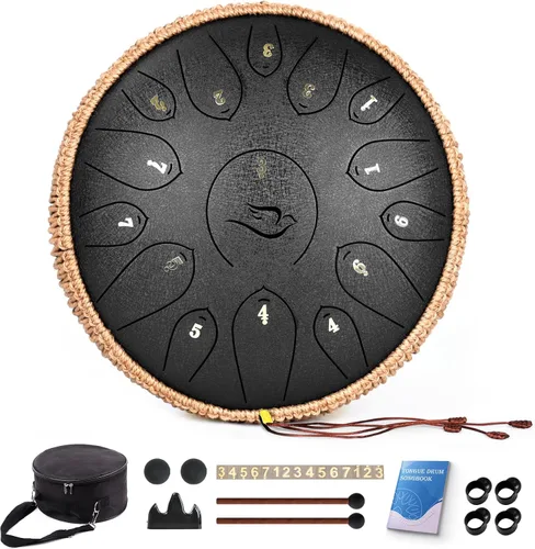 Tambor de Lengua de Acero, 12 Pulgadas 15 Notas Tambores de Lengua, Tambores Handpan Instrumento de Percusión para Niños y Adultos, Tambor de Mano