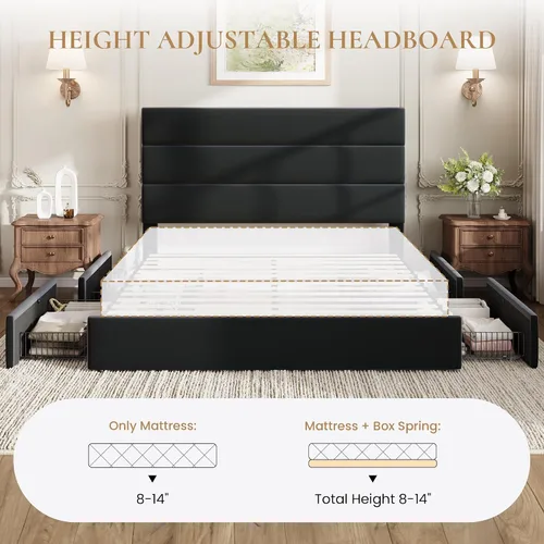 Vista 9 de SHA CERLIN Base de cama de plataforma tamaño Queen con 4 cajones de almacenamiento, cabecera tapizada de terciopelo, base de colchón con soporte