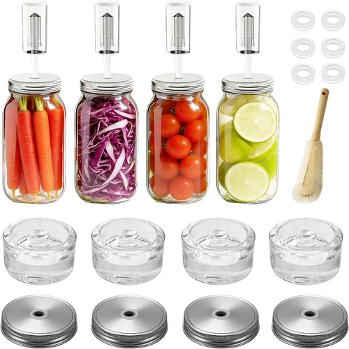 Klemon Fermentation Kit for Wide Mouth Mason fermentation Jar,Pickle sauerkraut Kit,4 Fermentation Lids,4 Glass Fermentation Weights,1Wooden Brush