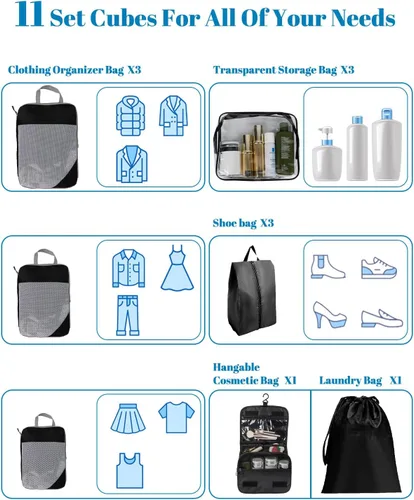 Vista 2 de Instraella Cubos de embalaje de compresión para maletas, juego de 11 cubos de embalaje con 3 cubos de embalaje compresibles, bolsa de maquillaje