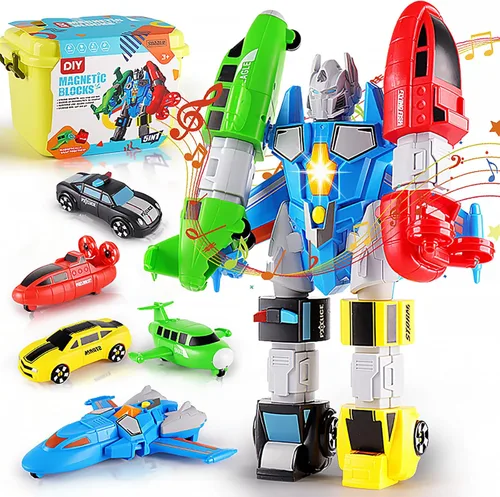 SOMMER 5-in-1 Magnetic Vehicles Toy Playset, Mix and Match STEM Stacking Assembling Car Kit with Storage Box, Transform into Robot, Birthday Gift