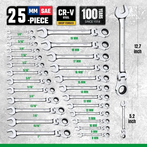 Vista 3 de SK Juego de llaves de trinquete con cabeza flexible, juego de llaves combinadas, 25 piezas, SAE 1/4" a 1", métrico 8 a 19mm, 72 dientes