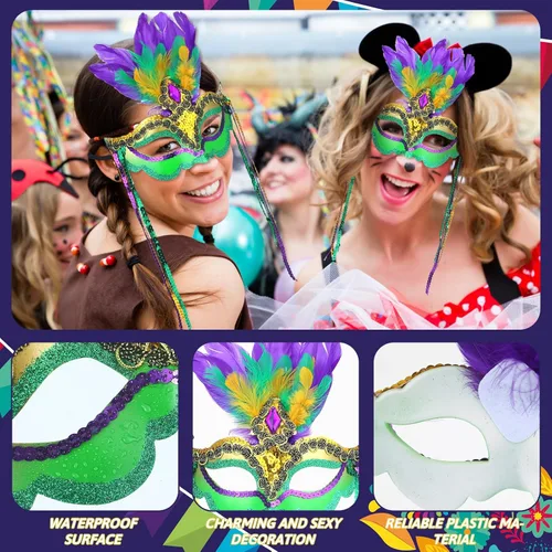 Vista 3 de Lyrow 6 máscaras de Mardi Gras para mujer, máscara de carnaval Mardi Gras con plumas, disfraz de Mardi Gras veneciano para mujer, disfraces de Mardi