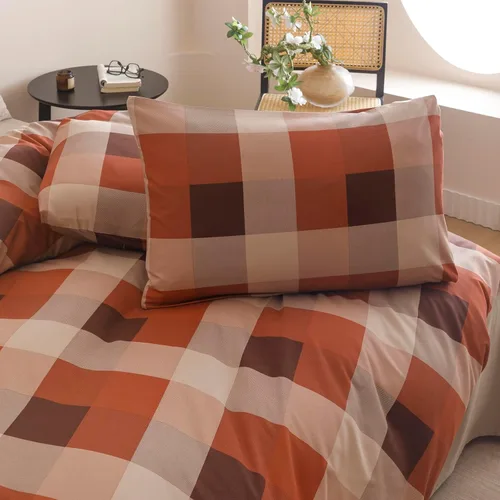 Vista 26 de CLOTHKNOW Juego de edredón de 3 piezas a cuadros color beige óxido, tamaño Full, juego de ropa de cama de cuadros edredón terracota con 2 fundas