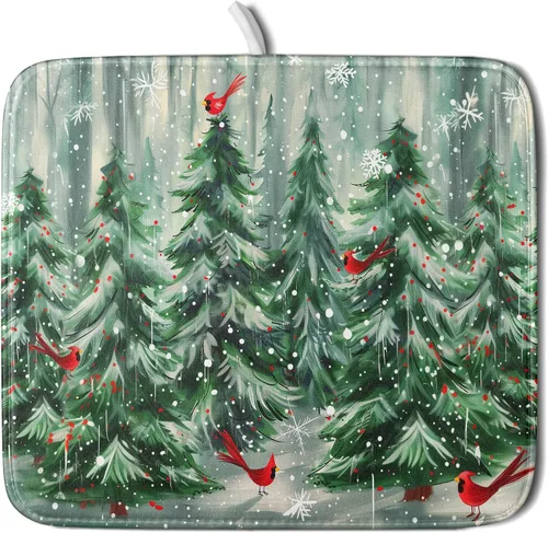 Vista 106 de Tapete de secado de platos con diseño de pájaro rojo de Feliz Navidad, absorbente y de secado rápido, protector para encimera de cocina, 18 x 24