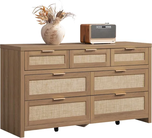 Vista 12 de SICOTAS Cómoda de 7 cajones para dormitorio, cómodas de ratán de 57" de ancho, cómoda grande con cajones para dormitorio, cómoda soporte de TV