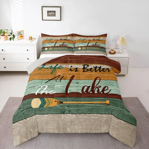 Vista 19 de Lake Life - Juego de edredón de tamaño matrimonial, juego de ropa de cama con remo de lago rústico, decoración de casa de lago, regalos de casa