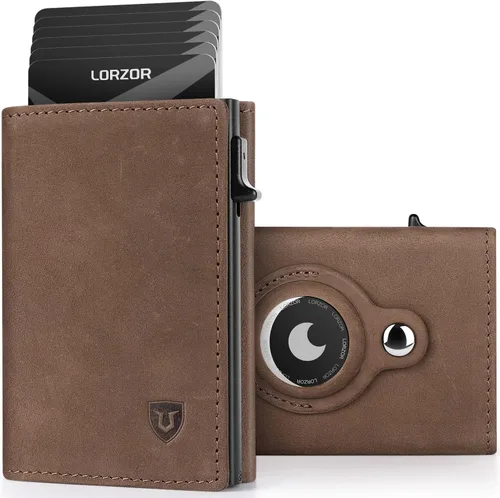 Billetera AirTag para hombre, cuero de grano completo más fino, soporte seguro para AirTag, billetera inteligente emergente, bloqueo RFID, billetera