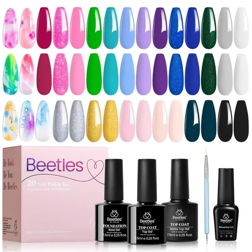 Vista 28 de Beetles - Juego de esmaltes de uñas de gel, 20 colores, rosa, blanco, negro, amarillo, rojo, con brillantina, UV, LED, kit de esmalte de gel