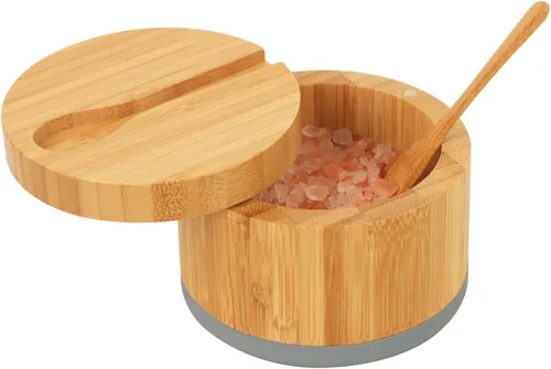Vista 8 de Bodega de sal de bambú con tapa y cuchara, caja de sal negra, fácil de distinguir las especias en el tazón, recipiente de sal con tapa giratoria