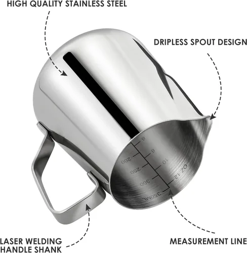 Vista 4 de Jarra Espumadora de Leche, Jarra de Vapor de Espresso 12oz, Accesorios para Máquina de Espresso, Jarra de Café de Acero Inoxidable para Cappuccino