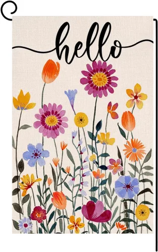 Bandera de jardín floral con texto en inglés «Hello Spring» de 12 x 18 pulgadas, vertical, de doble cara, flores coloridas de verano, casa de campo,