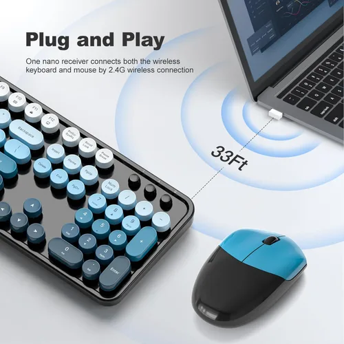 Vista 2 de MOFII Combo de teclado y mouse inalámbricos, tamaño completo 2.4G, máquina de escribir Plug and Play, juego de teclado y mouse redondos retro