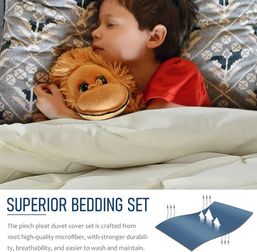 Vista 2 de Tyfitb Juego de funda de edredón plisada, tamaño individual, color beige, de gran tamaño, juego de ropa de cama de 2 piezas con cierre de cremallera