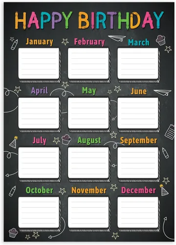 JUESMOS Póster de pizarra de feliz cumpleaños para decoración de aula, calendario de cumpleaños, tabla de cumpleaños para decoración de tablón de