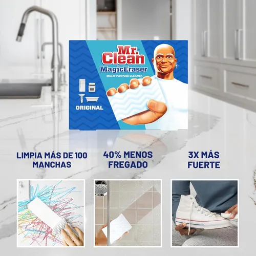 Vista 2 de Mr. Clean Magic Eraser Almohadillas de limpieza originales, limpiador multiusos, suministros de limpieza de baño, limpiador multiusos, blanco, 6