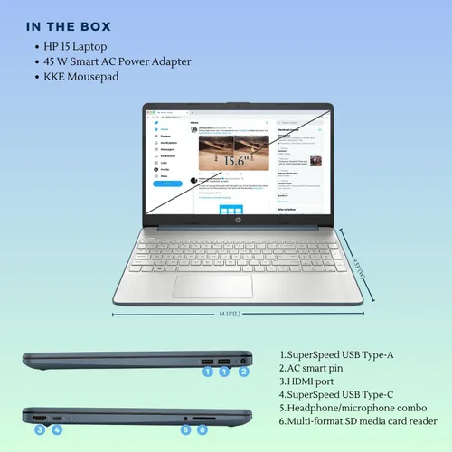 Vista 5 de HP Computadora portátil 15, pantalla HD de 15.6", procesador Intel Core i3-1115G4, 8 GB de RAM, SSD de 512 GB, Wi-Fi, HDMI, cámara web, Windows 11