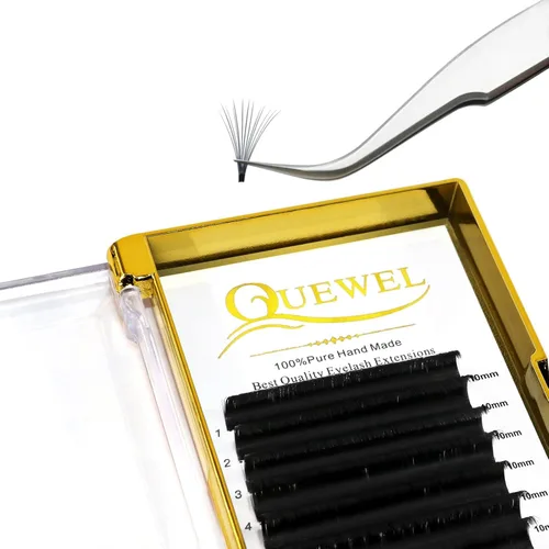 QUEWEL - Extensiones de pestañas Easy Fan 0.03mm Rizo C Extensiones de pestañas de 10mm Bandejas de pestañas individuales Negras mate Ultra ligeras