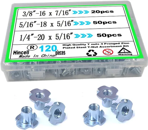 Vista 7 de Tuercas en T de 1/4 pulgadas a 20, 100 piezas de tuercas en T de acero chapado en zinc, 4 puntas, kit surtido de tuercas ciegas para madera