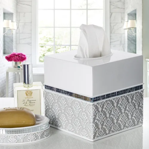 Vista 2 de Creative Scents Funda cuadrada para caja de pañuelos de damasco espejo - Soporte decorativo para papel de baño, contenedor moderno de servilletas