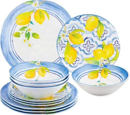 UP ware Lovely Lemons - Juego de vajilla de melamina de 12 piezas, juego de platos para exteriores, juegos de platos y cuencos, servicio para 4,