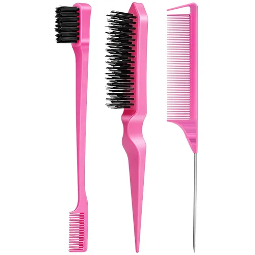 Vista 14 de Juego de 3 piezas de peine para peinar el cabello, cepillo de burlas, cola de rata, peine de borde para cepillado de bordes y espalda, peinar, Negro