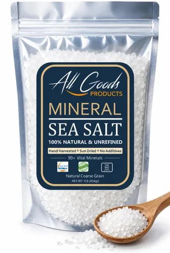 All Goods Products Sal marina mineral de grano grueso, 16 onzas de sal natural de México, sin refinar, cosechada a mano, cargada con más de 90