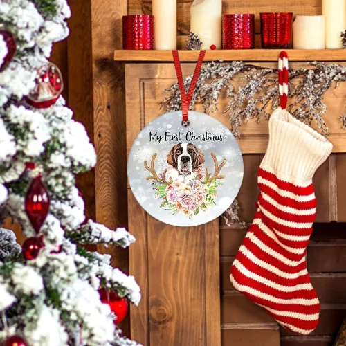 Vista 4 de Adornos redondos de cerámica para la primera Navidad en nuestro nuevo hogar, diseño de perros de San Bernardo, Bernardo, círculo de cerámica, 3