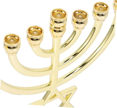 Vista 3 de Candelabro, soporte para velas de menorá de Hanukkah, 7 ramas, centro de mesa de menorá, cono dorado, decoración para fiestas de vacaciones
