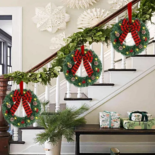 Vista 6 de ATDAWN Paquete de 3 mini coronas de Navidad, corona de Navidad iluminada para puerta delantera, corona de Navidad para decoraciones de fiesta