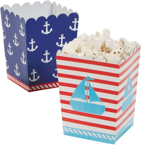 Fun Express - Mini 1st Sailor Popcorn Boxes (24 piezas) - Estilo náutico - Caja de palomitas de maíz para fiesta de cumpleaños - Cajas de papel -