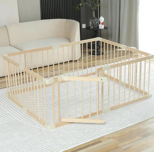 Vista 6 de Conababy Corralito para bebés, valla de juego con puerta, corralito de madera grande, corralitos para bebés y niños pequeños para interior, área