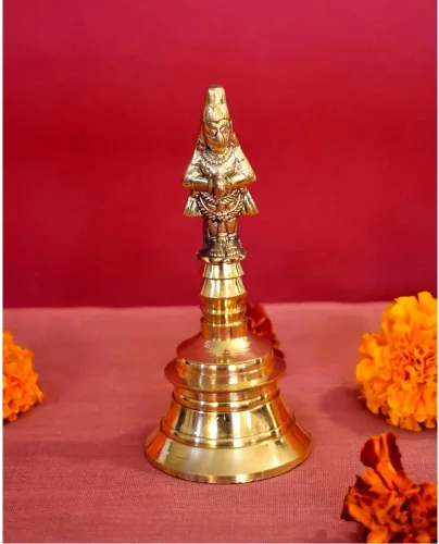 Vista 6 de Wonderlist Handicrafts Campana de Pooja de latón con dioses sentados en la parte superior (Hanuman)
