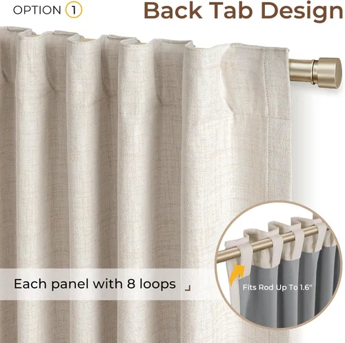 Vista 3 de INOVADAY Cortinas 100% opacas de 63 pulgadas de largo, juego de 2 paneles de lino con pestaña trasera, bolsillo para barra, cortinas opacas