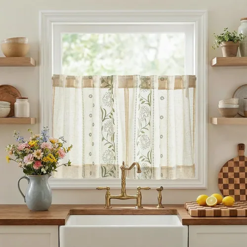 Vista 32 de jinchan Cortinas de lino floral beige para cocina, 24 pulgadas, 2 paneles A Beige