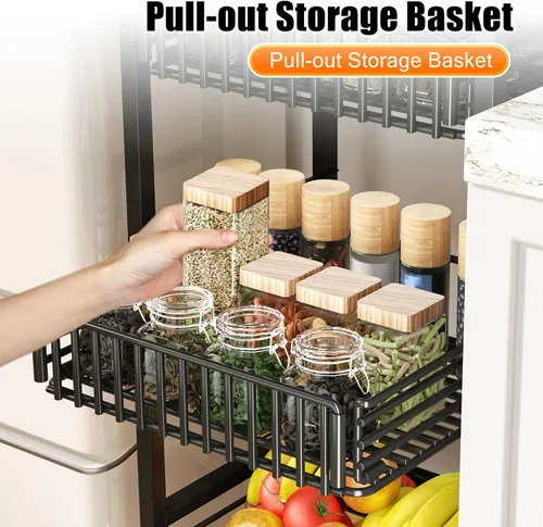 Vista 3 de Carro rodante de 4 niveles, carrito de utilidad, carrito de almacenamiento, carritos de cocina con ruedas con parte superior de madera, cesta