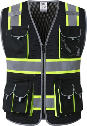 Vista 13 de JKSafety Chaleco de seguridad de color negro con 10 bolsillos, cremallera frontal, con tiras altamente reflectantes, cumple con las normas ANSI/ISEA