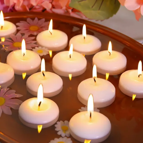 Vista 11 de Velas flotantes blancas de 3 pulgadas, 24 paquetes de velas flotantes sin perfume para centros de mesa, 10 horas de tiempo de combustión, vela