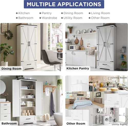 Vista 12 de Armario estilo casa de campo para despensa de cocina, muebles de madera de 72 pulgadas de alto con estantes ajustables, 2 puertas tipo granero