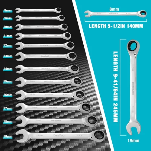 Vista 4 de DURATECH Juego de 12 llaves de trinquete combinadas, 72 dientes, métricas, 8-19mm, acero Cr-v, organizadas en estuche de almacenamiento