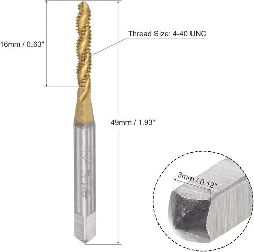 Vista 2 de uxcell Grifo roscado de flauta espiral 4-40 UNC, HSS (acero de alta velocidad) chapado en titanio rosca 3 flautas herramienta de roscado H2