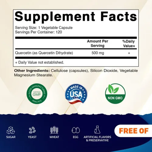 Vista 2 de Vitamatic Quercetina 500 mg, 120 cápsulas vegetarianas (sin OMG, sin gluten, vegano) - Apoya la salud cardiovascular