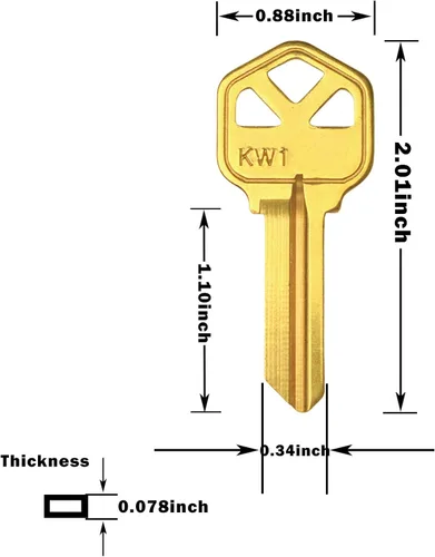 Vista 3 de Llaves en blanco con acabado de latón, llaves en blanco sin cortar KW1, paquete de 50 llaves