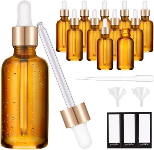 Vista 20 de PrettyCare Botellas de cristal con cuentagotas de 2 onzas líquidas, 12 botellas transparentes vacías gruesas a granel con tapas doradas a prueba