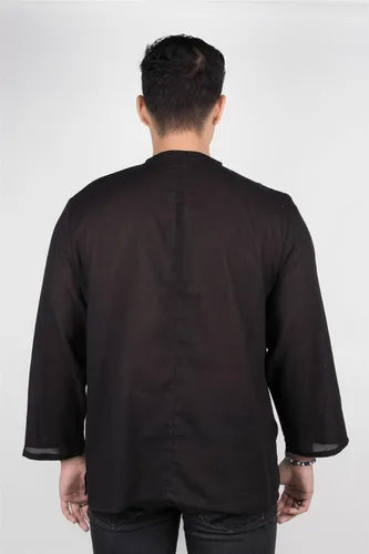 Vista 2 de Lofbaz - Camisa para hombre, 100 % algodón, cuello en V, camisa playera o estilo yoga Manga larga negro